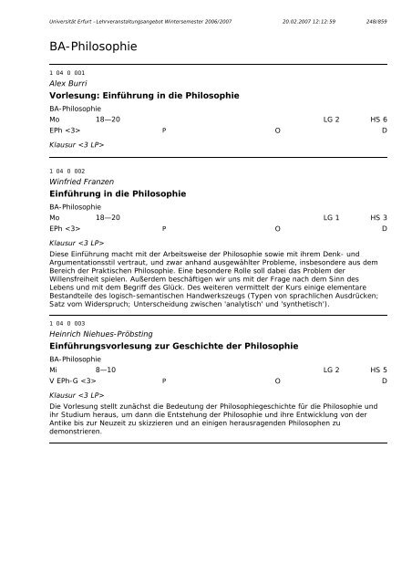 Lehrveranstaltungsangebot im WS 2006/2007 - Universität Erfurt