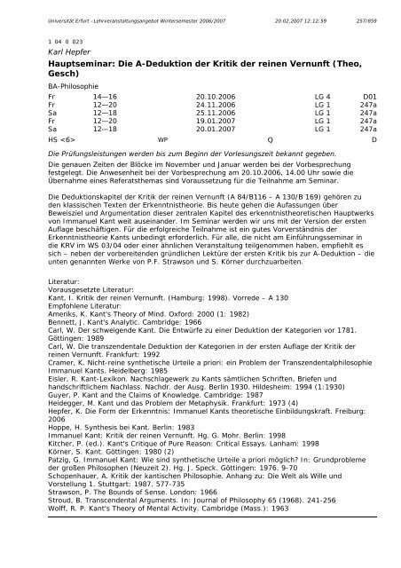 Lehrveranstaltungsangebot im WS 2006/2007 - Universität Erfurt