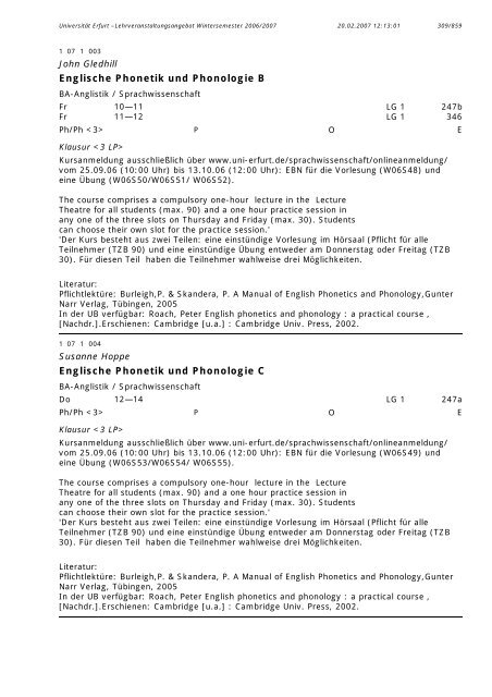 Lehrveranstaltungsangebot im WS 2006/2007 - Universität Erfurt