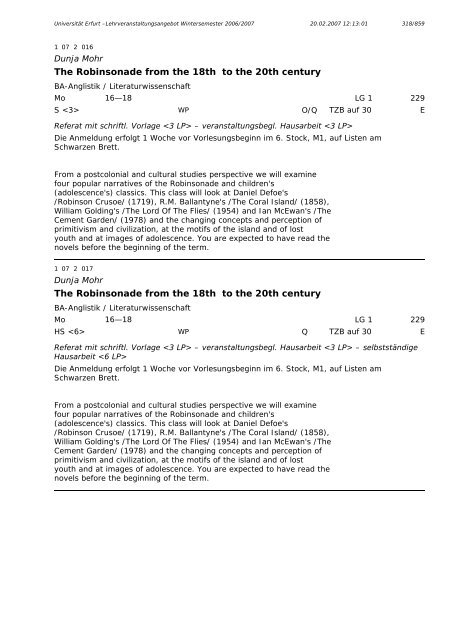 Lehrveranstaltungsangebot im WS 2006/2007 - Universität Erfurt