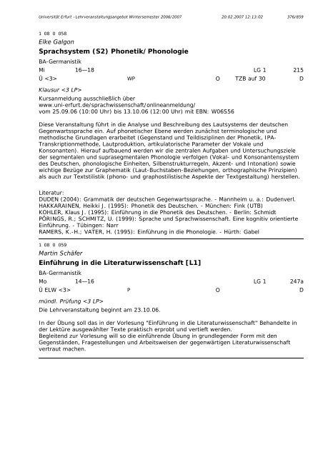 Lehrveranstaltungsangebot im WS 2006/2007 - Universität Erfurt