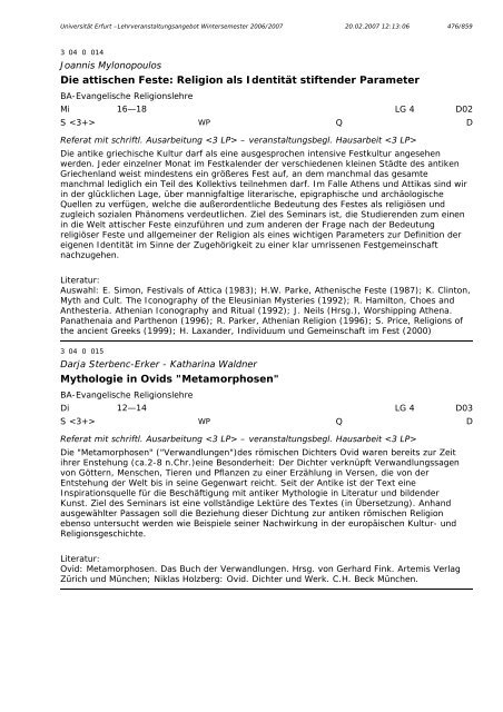 Lehrveranstaltungsangebot im WS 2006/2007 - Universität Erfurt