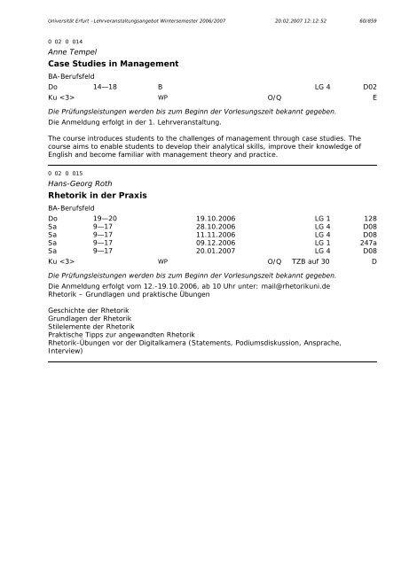 Lehrveranstaltungsangebot im WS 2006/2007 - Universität Erfurt