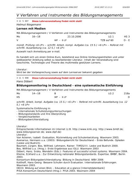 Lehrveranstaltungsangebot im WS 2006/2007 - Universität Erfurt