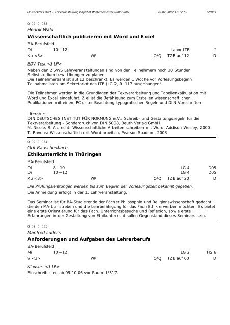 Lehrveranstaltungsangebot im WS 2006/2007 - Universität Erfurt