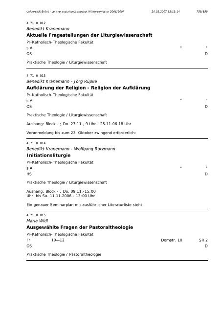 Lehrveranstaltungsangebot im WS 2006/2007 - Universität Erfurt