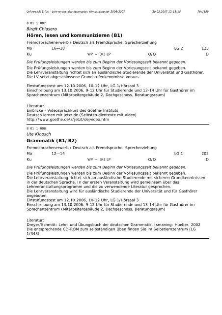 Lehrveranstaltungsangebot im WS 2006/2007 - Universität Erfurt