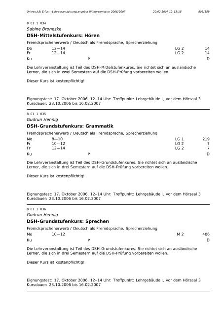 Lehrveranstaltungsangebot im WS 2006/2007 - Universität Erfurt