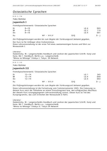 Lehrveranstaltungsangebot im WS 2006/2007 - Universität Erfurt