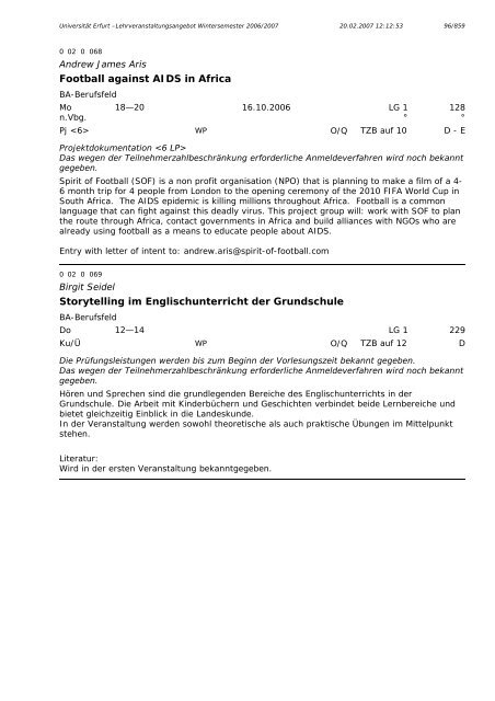 Lehrveranstaltungsangebot im WS 2006/2007 - Universität Erfurt