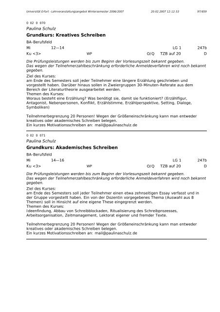 Lehrveranstaltungsangebot im WS 2006/2007 - Universität Erfurt