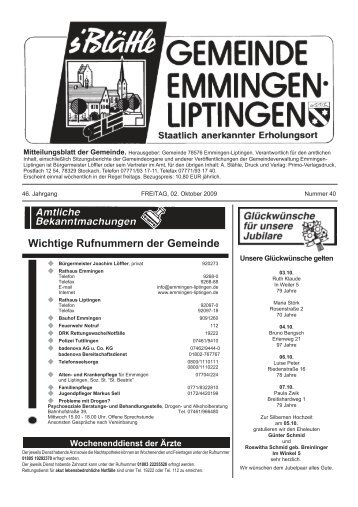 Wichtige Rufnummern der Gemeinde - Emmingen-Liptingen