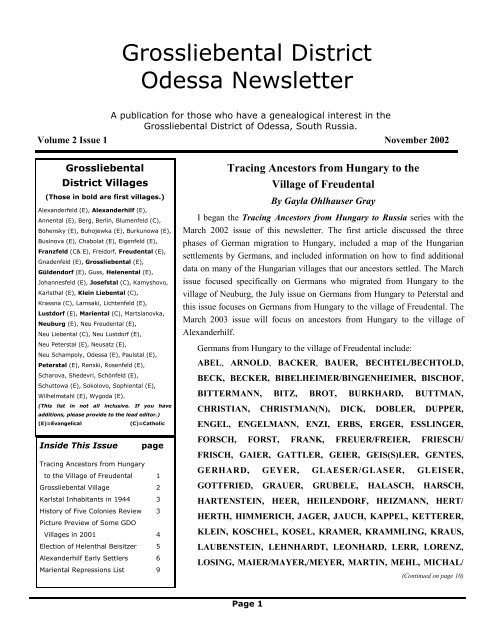 Grossliebental District Odessa Newsletter