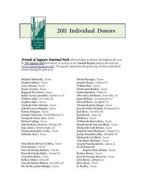 2011 Individual Donors - Friends of Saguaro National Park