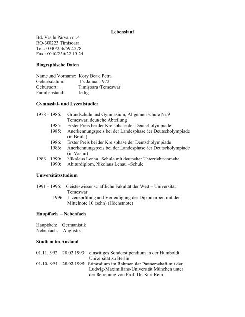 0040/256/592.278 Fax.: 0040/256/22 13 24 Biographische Daten ...