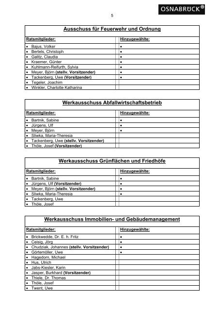 Besetzung des Verwaltungsausschusses und der ... - Stadt Osnabrück