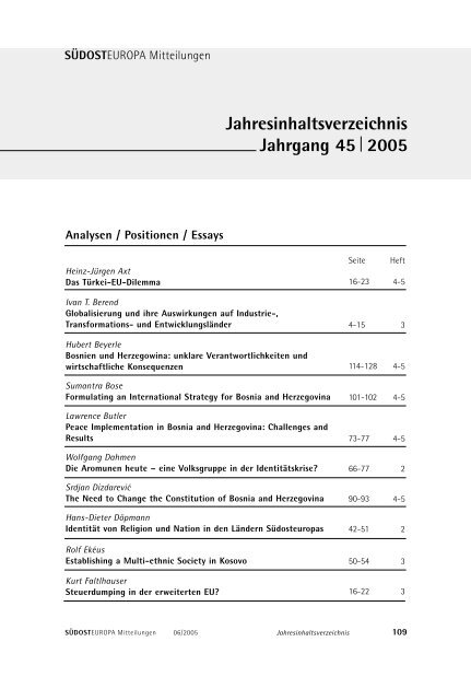 Jahresinhaltsverzeichnis Jahrgang 45 2005 - Suedosteuropa ...