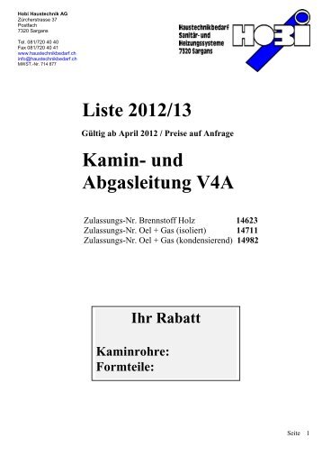 Liste 2012/13 Kamin- und Abgasleitung V4A - Hobi Haustechnik AG