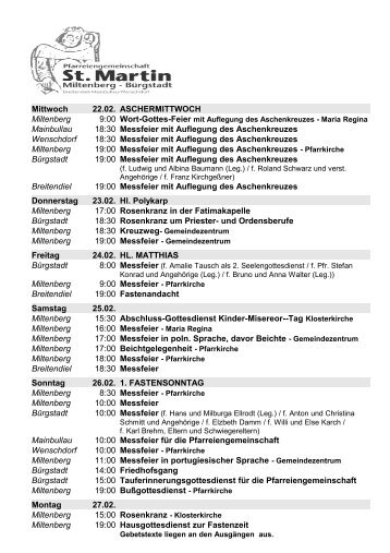 Mittwoch 22.02. ASCHERMITTWOCH Miltenberg ... - Bürgstadt