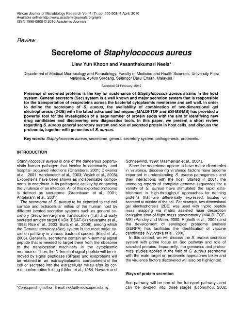 Secretome of Staphylococcus aureus - Academic Journals