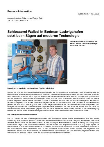 Schlosserei Waibel in Bodman-Ludwigshafen setzt beim Sägen auf ...