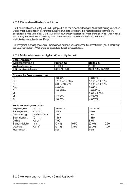 Technische Informationen Uginox Ugitop Caminox - metaflex