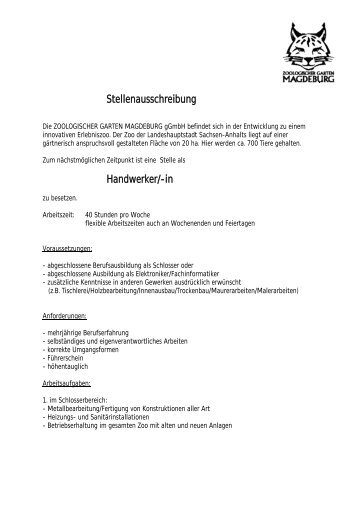 Stellenausschreibung Handwerker - Zoologischer Garten Magdeburg