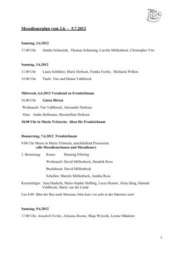 Messdienerplan vom 2.6. – 5.7.2012 - Messdiener St. Josef Bocholt ...