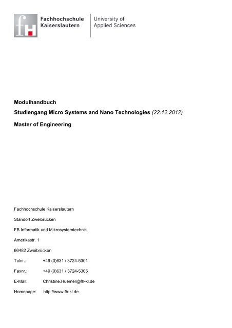 Modulhandbuch Studiengang Micro Systems and Nano Technologies