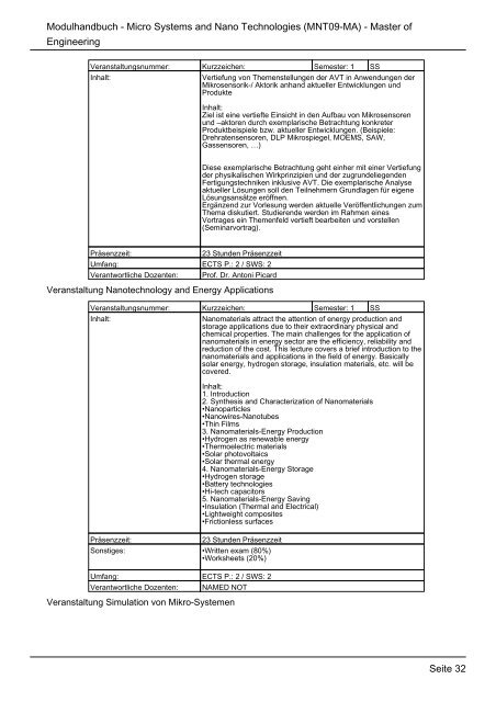 Modulhandbuch Studiengang Micro Systems and Nano Technologies