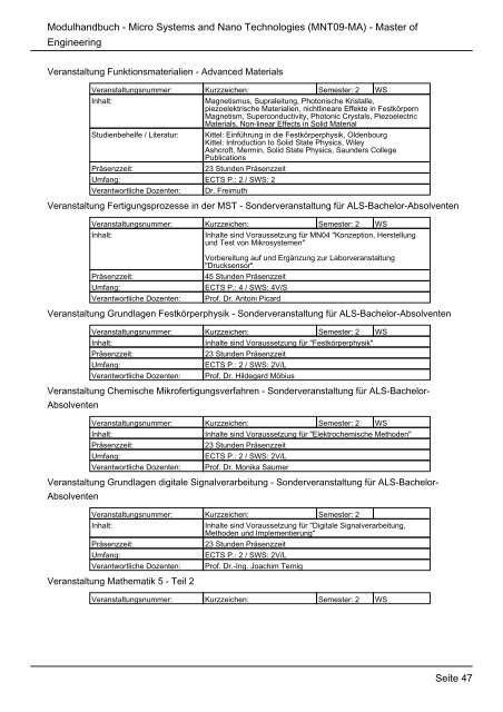 Modulhandbuch Studiengang Micro Systems and Nano Technologies