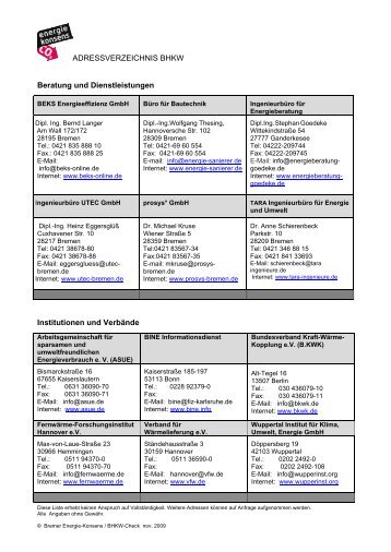 Adressverzeichnis BHKW - Bremer Energie-Konsens