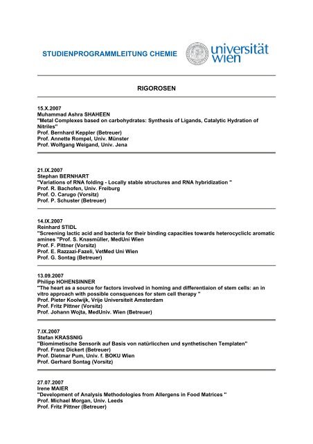 Universität Wien - Studienprogrammleitung Chemie - Thesis Defensio