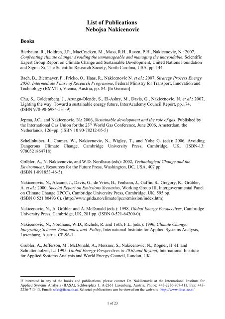 List of Publications Nebojsa Nakicenovic - IIASA