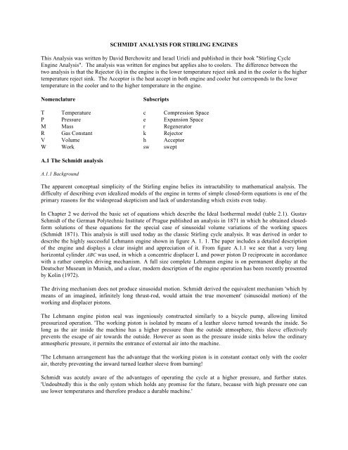 Schmidt Analysis Schmidt analysis for Stirling Engines