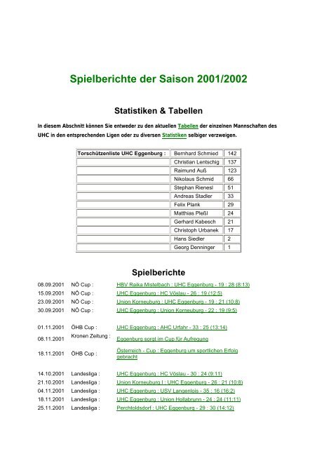 Spielberichte der Saison 2001/2002 - UHC Eggenburg