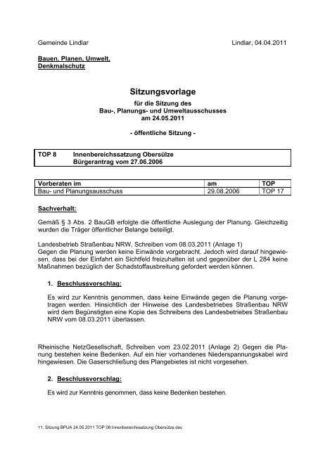 Sitzungsvorlage - Gemeinde Lindlar