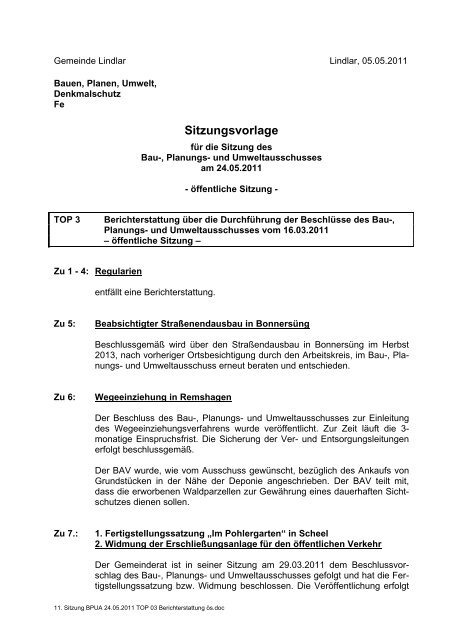 Sitzungsvorlage - Gemeinde Lindlar