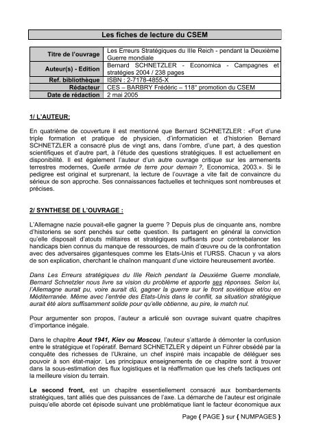 Les Fiches De Lecture Du Csem - 