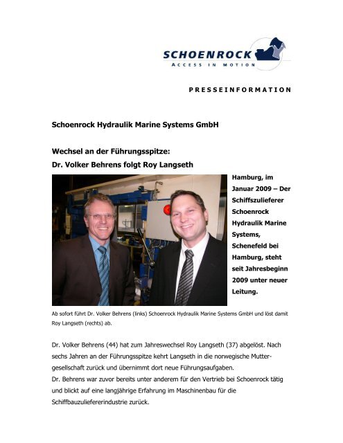 Dr. Volker Behrens folgt Roy Langseth - Schoenrock Hydraulik