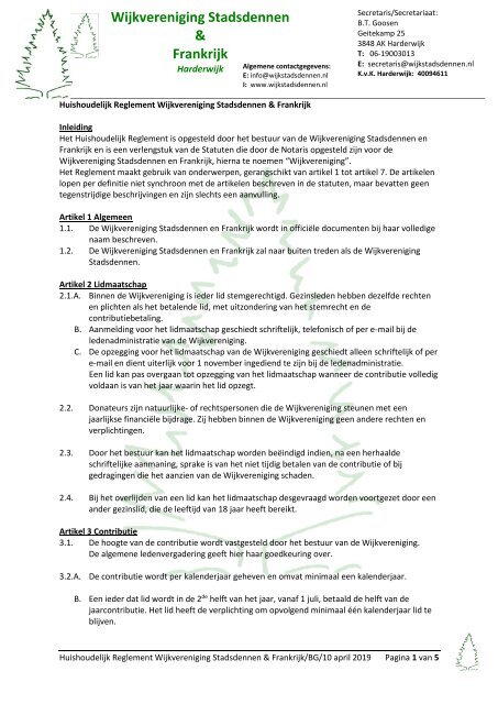 Huishoudelijk Reglement Wijkvereniging Stadsdennen