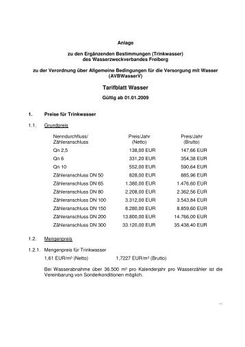 Tarifblatt Wasser - Wasserzweckverband Freiberg