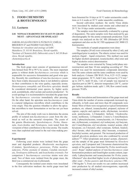 3. FOOD ChEMISTRy & bIOTEChNOLOGy 3.1. Lectures