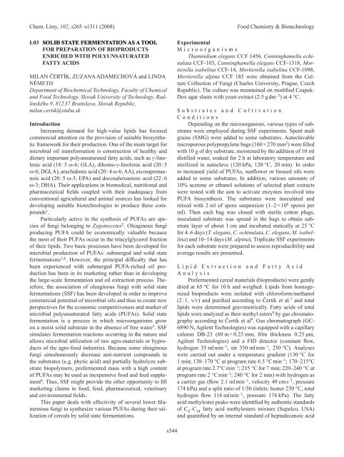 3. FOOD ChEMISTRy & bIOTEChNOLOGy 3.1. Lectures