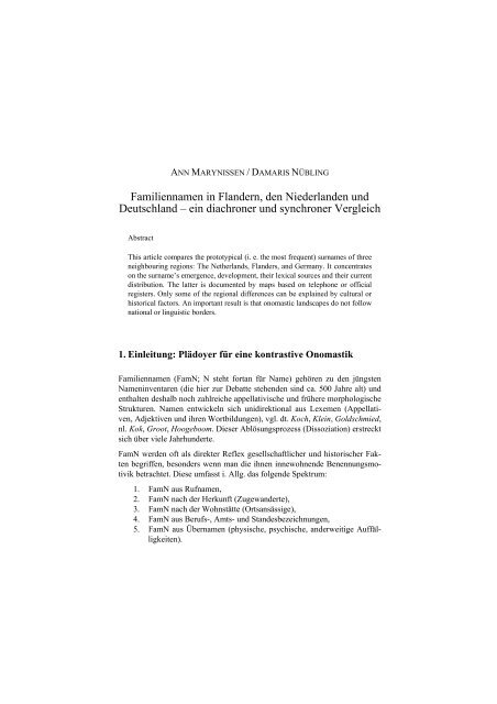 Familiennamen In Flandern Den Niederlanden Und Deutschland