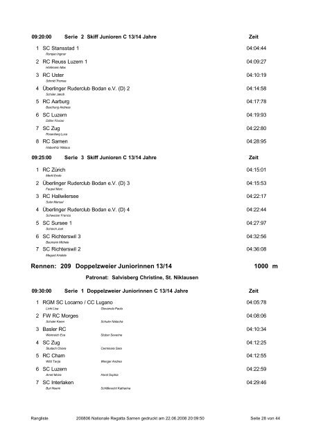 Rangliste Nationale Regatta Sarnen - Club de l'aviron de Vevey