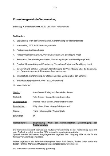 und Bürgergemeindeversammlung vom 07.12.2004 - Nunningen