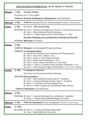 GOTTESDIENSTORDNUNG vom 28. April bis ... - Pfarre Elixhausen