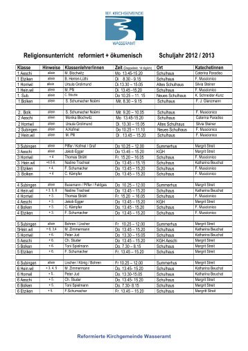 Religionsunterricht reformiert + ökumenisch Schuljahr 2012 / 2013