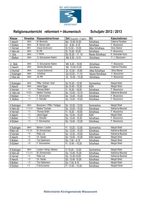 Religionsunterricht reformiert + ökumenisch Schuljahr 2012 / 2013